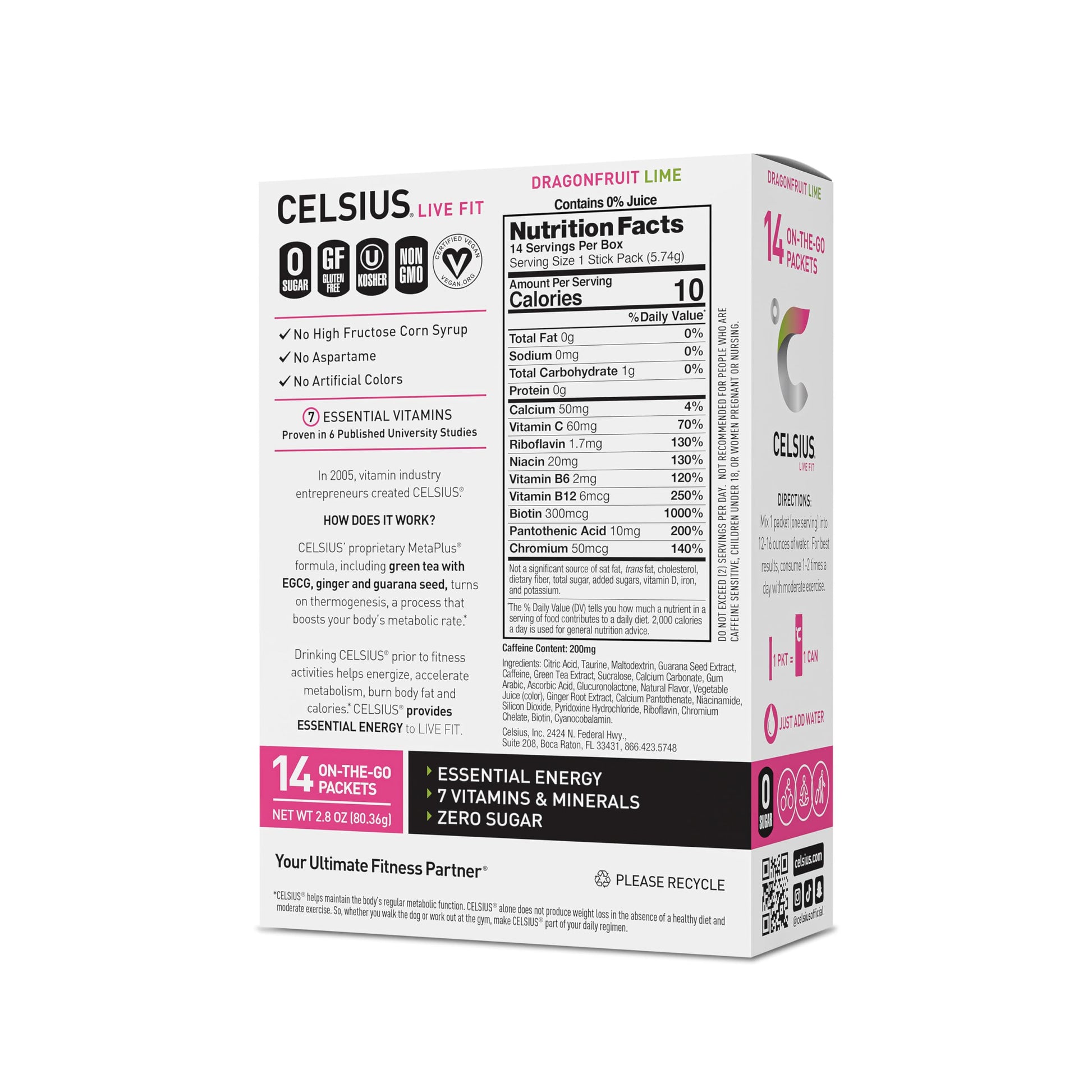CELSIUS® On-the-Go Powder Sticks Dragonfruit Lime, Essential Energy 2.8 Oz (14 Sticks per Pack)-UPStoxs