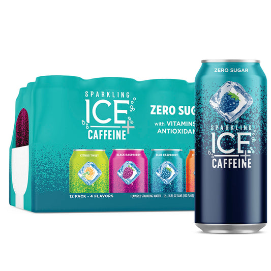 Sparkling Ice +Caffeine Variety Pack, Flavored Sparkling Water, Zero Sugar, with Vitamins and Antioxidants, 16 fl oz, 12 count (Citrus Twist, Black Raspberry, Blue Raspberry, Strawberry Citrus)-UPStoxs
