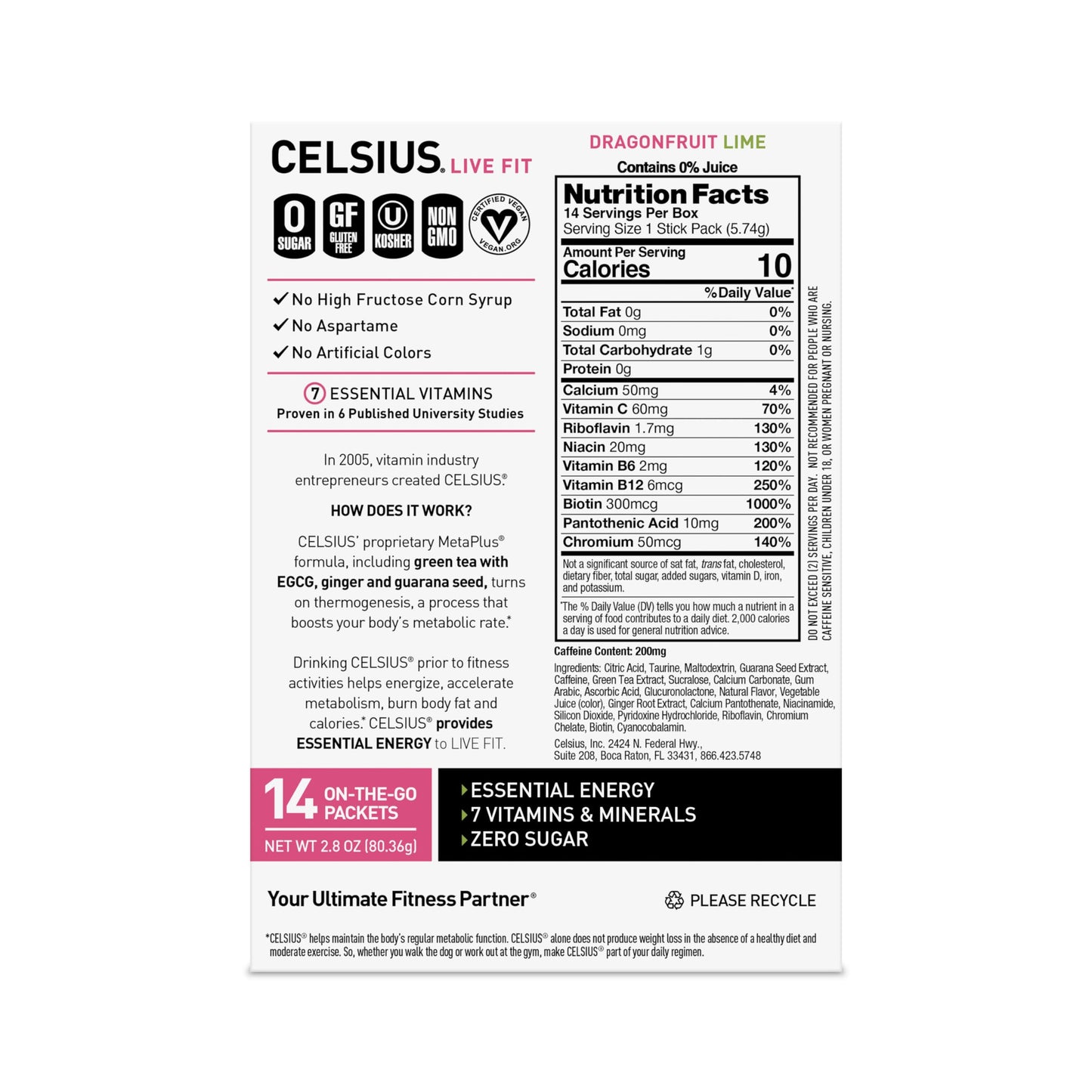 CELSIUS® On-the-Go Powder Sticks Dragonfruit Lime, Essential Energy 2.8 Oz (14 Sticks per Pack)-UPStoxs