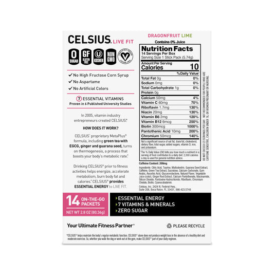 CELSIUS® On-the-Go Powder Sticks Dragonfruit Lime, Essential Energy 2.8 Oz (14 Sticks per Pack)-UPStoxs