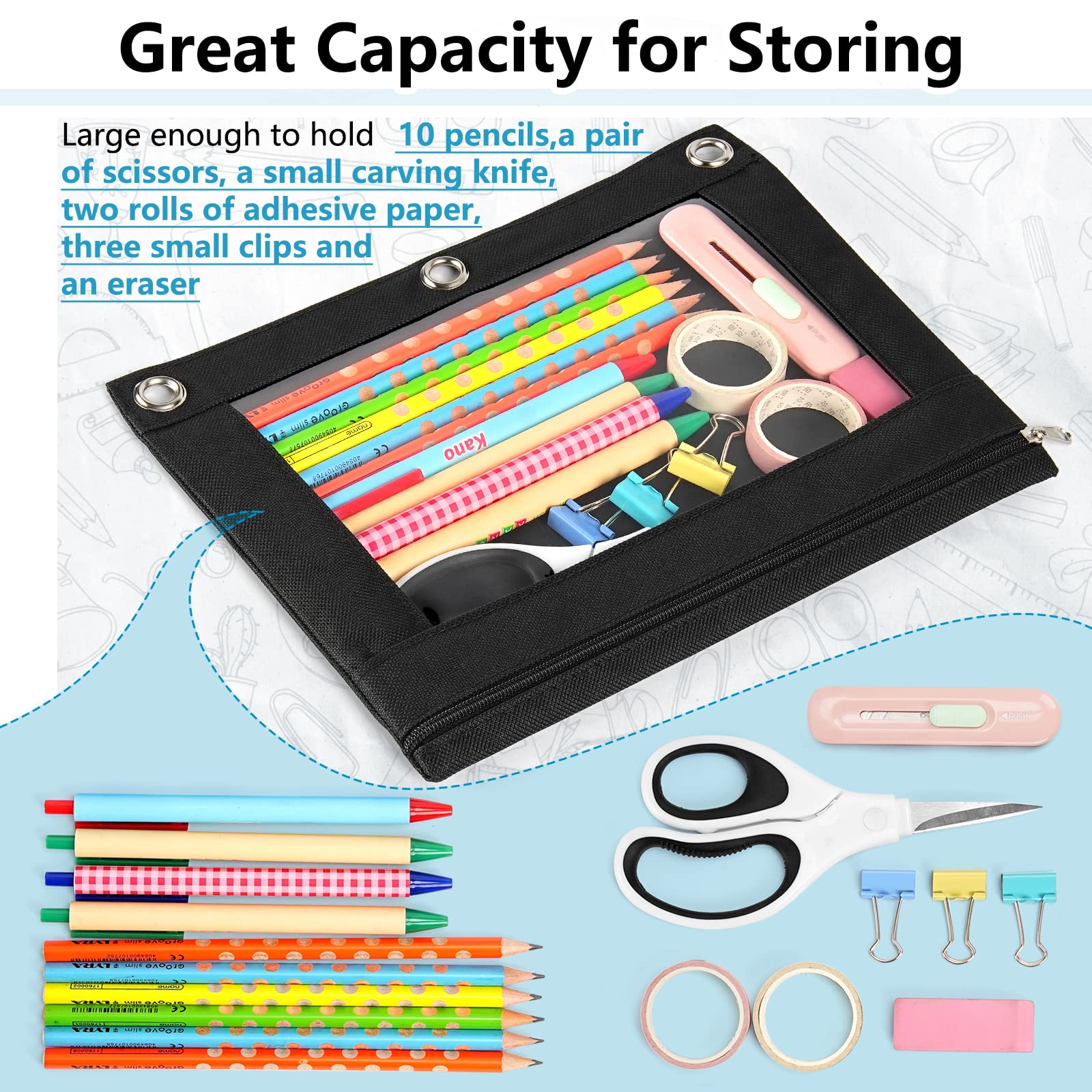 Forvencer Pencil Pouch for 3 Ring Binder, Binder Pencil Case with Smooth Zipper, Clear Window Pencil Case for Binder, Big Capacity 3 Ring Binder Pencil Bag with 3 Reinforced Grommets, Pink-UPStoxs