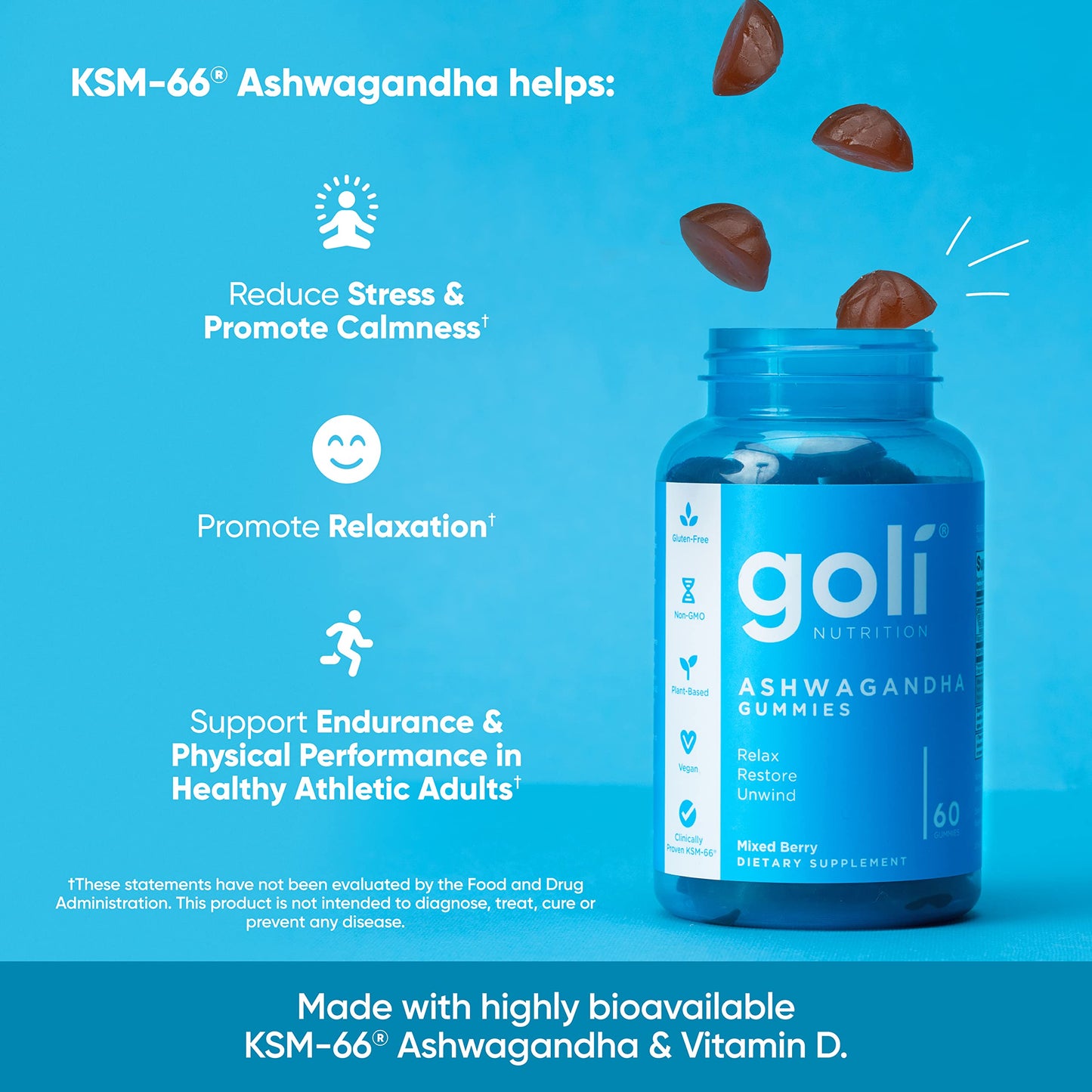 Goli Ashwagandha & Vitamin D Gummy - 60 Count - Mixed Berry, KSM-66, Vegan, Plant Based, Non-GMO, Gluten-Free & Gelatin Free Relax. Restore. Unwind, Pack of 1-UPStoxs