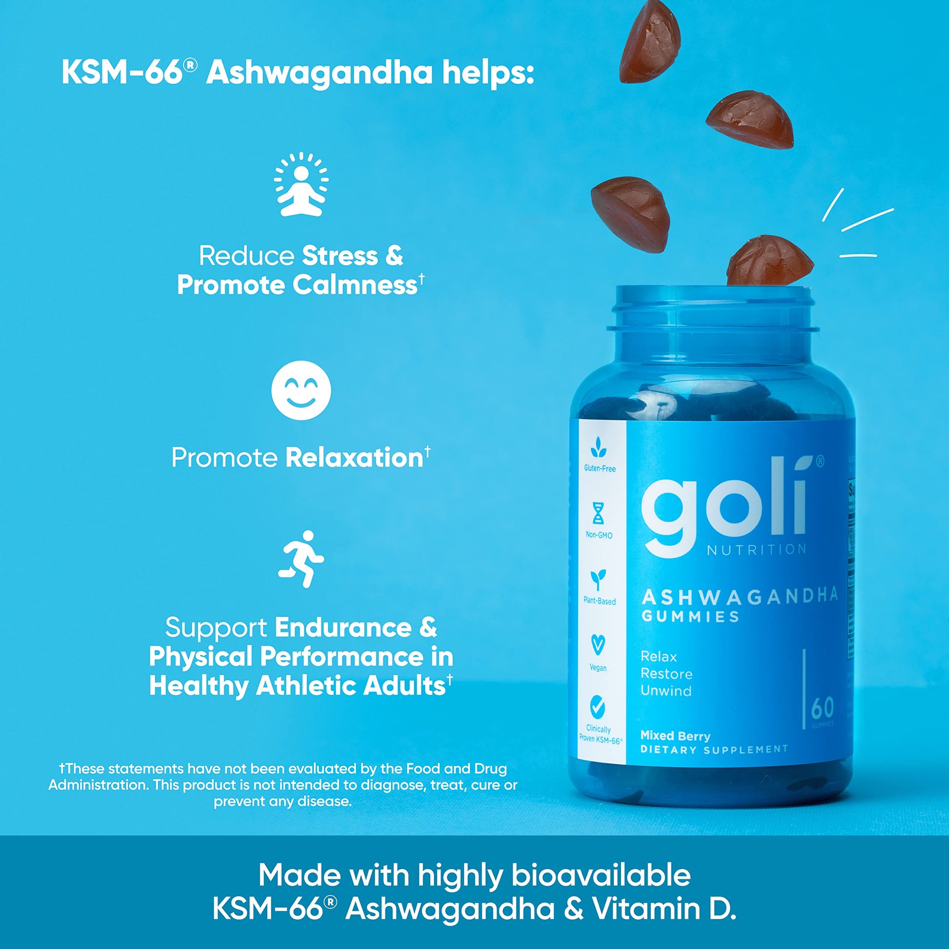 Goli Ashwagandha & Vitamin D Gummy - 60 Count - Mixed Berry, KSM-66, Vegan, Plant Based, Non-GMO, Gluten-Free & Gelatin Free Relax. Restore. Unwind, Pack of 1-UPStoxs