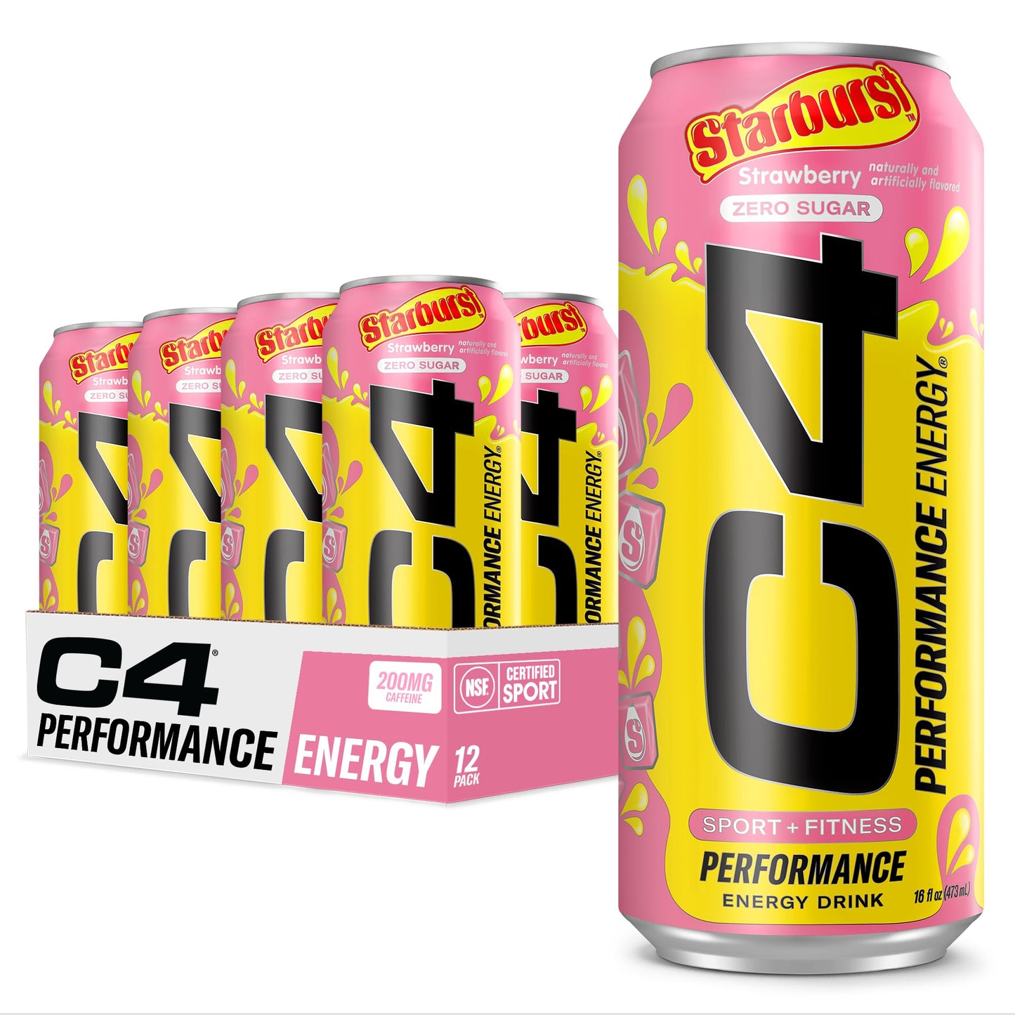 C4 Performance Energy Drink | STARBUST™ Strawberry | Zero Sugar Carbonated Preworkout Energy | 200mg Caffeine with Beta Alanine | 16 Fl Oz (12 Pack)-UPStoxs