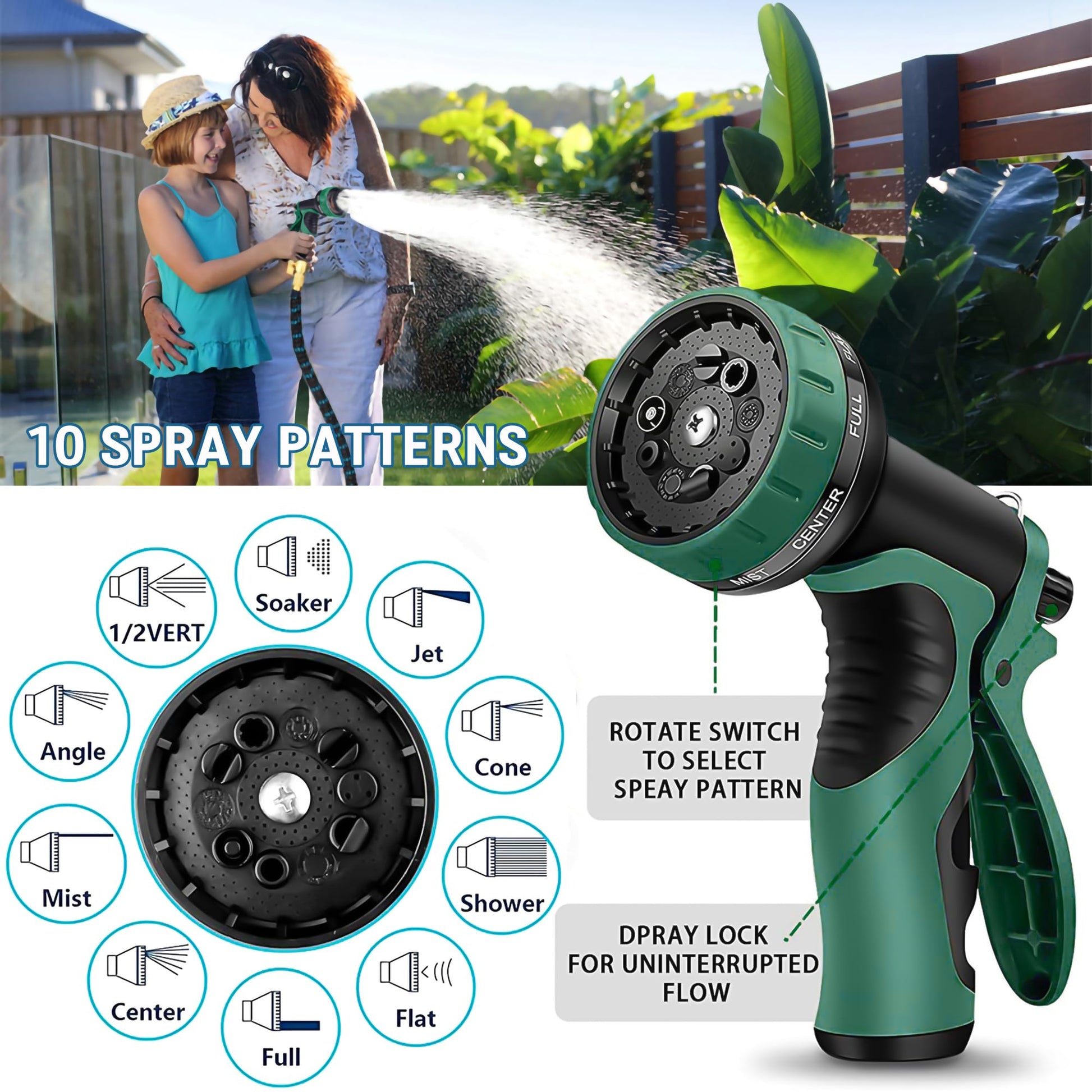 Expandable Garden Hose 100 ft with 10 Function Nozzle Sprayer, Lightweight & No-Kink Flexible Water Hose with Durable Latex Core & Solid Brass Fittings, 100ft Retractable Stretch Hose (DarkGreen)-UPStoxs