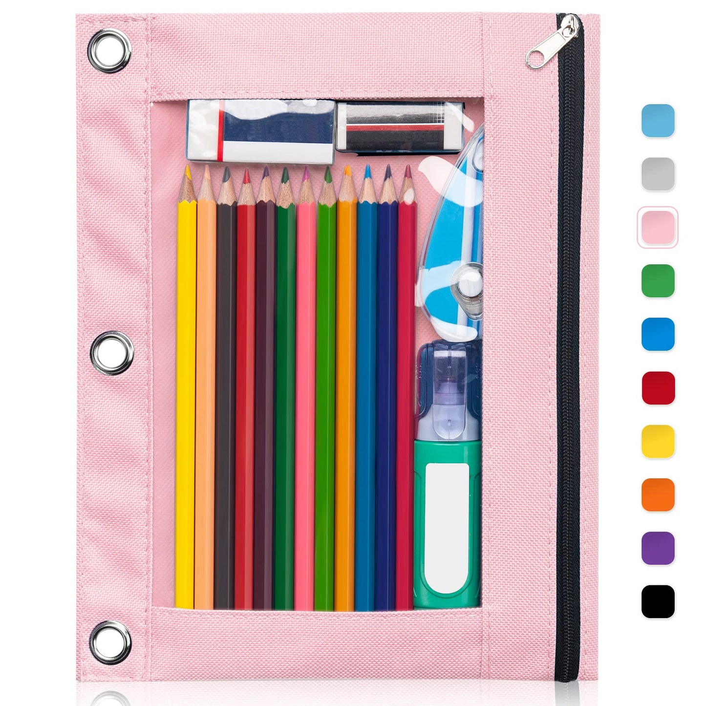 Forvencer Pencil Pouch for 3 Ring Binder, Binder Pencil Case with Smooth Zipper, Clear Window Pencil Case for Binder, Big Capacity 3 Ring Binder Pencil Bag with 3 Reinforced Grommets, Pink-UPStoxs