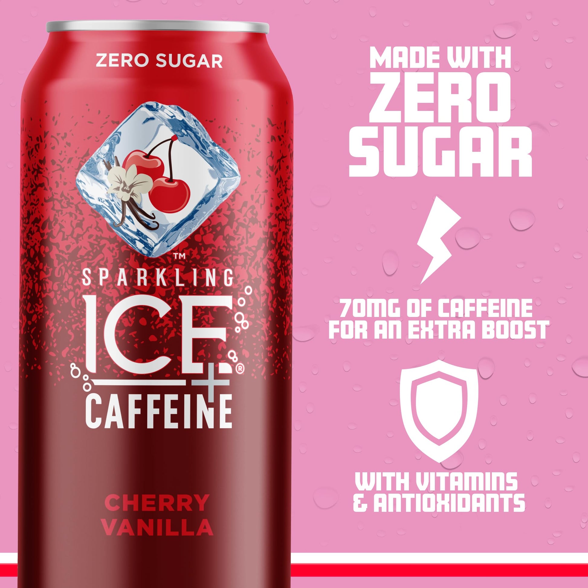 Sparkling Ice +Caffeine Cherry Vanilla Sparkling Water with Caffeine, Zero Sugar, with Antioxidants and Vitamins,16 fl oz Cans (Pack Of 12)-UPStoxs