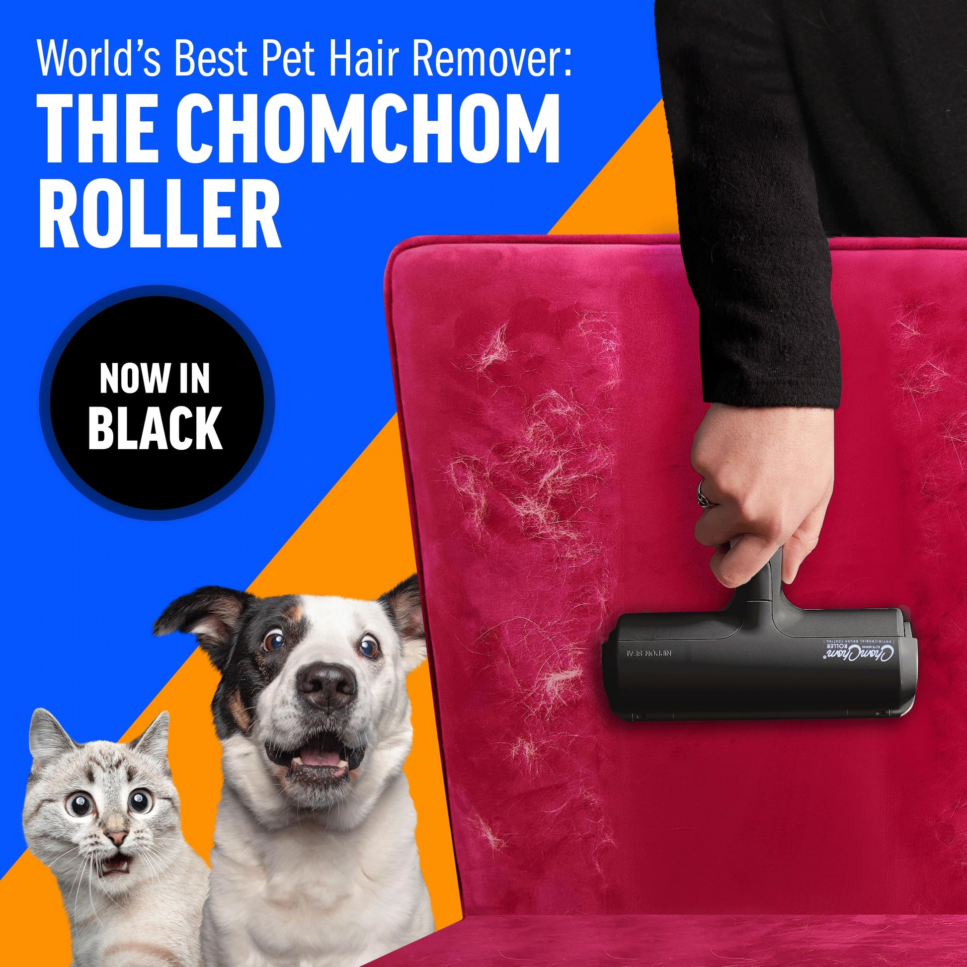 Chom Chom Roller Pet Hair Remover and Reusable Lint Roller - Black ChomChom Cat and Dog Hair Remover for Furniture, Couch, Carpet, Clothing and Bedding - Portable, Multi-Surface Fur Removal Tool-UPStoxs