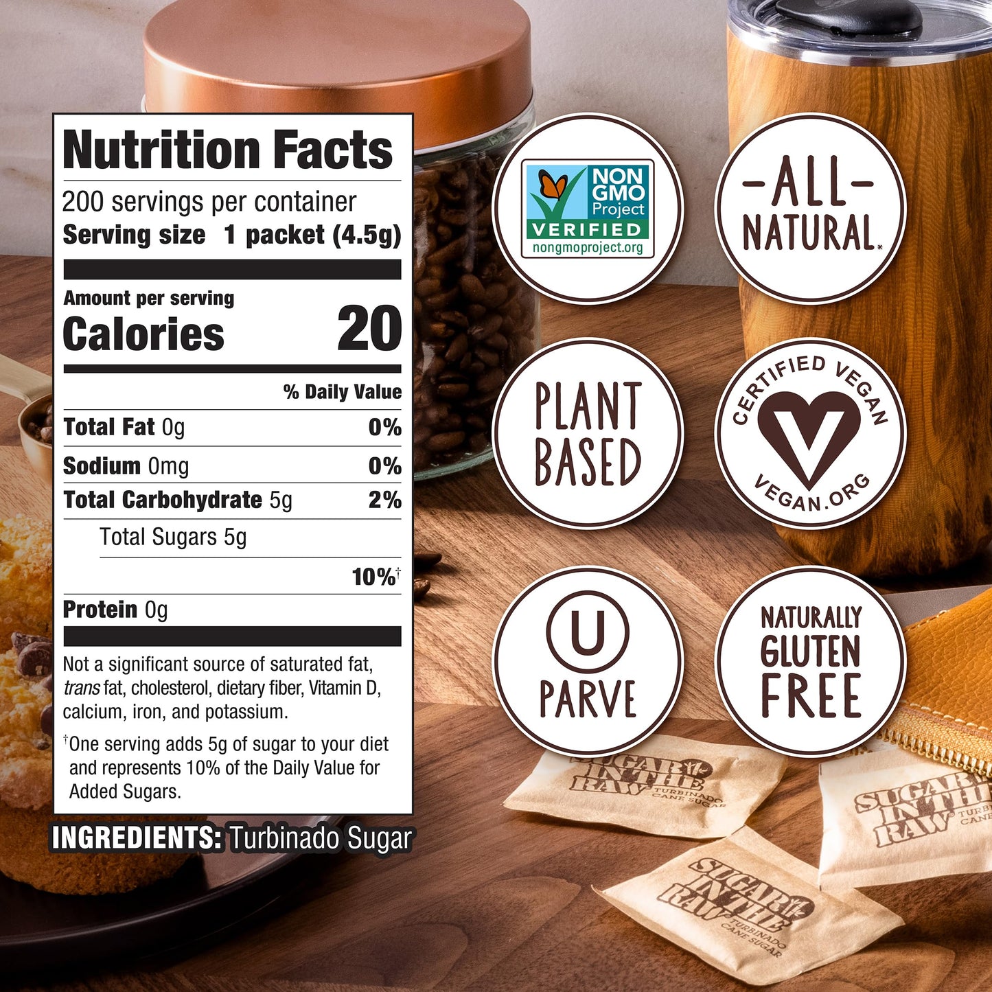 Sugar In The Raw Turbinado Cane Sugar Packets, 200 Count, Natural Sweetener for Drinks and Baking, Vegan, Gluten-Free, Non-GMO-UPStoxs