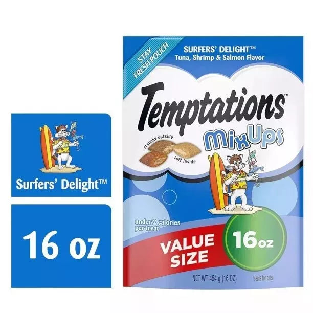 TEMPTATIONS Cat Treats Variety Pack with Tasty Chicken Flavor, Catnip Fever, & Surfers' Delight, 16 oz., 3 tubs