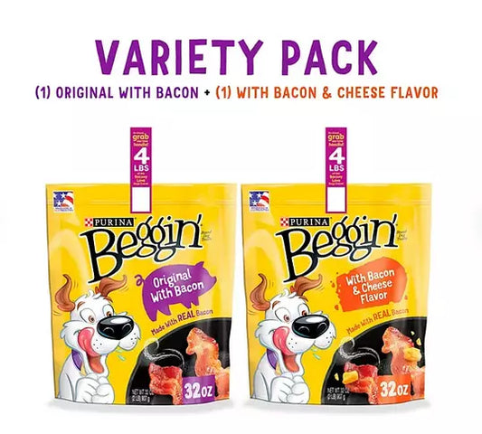 Purina Beggin' Strips Dog Treats, Bacon & Bacon + Cheese Flavors, 32 oz., 2 pk.
